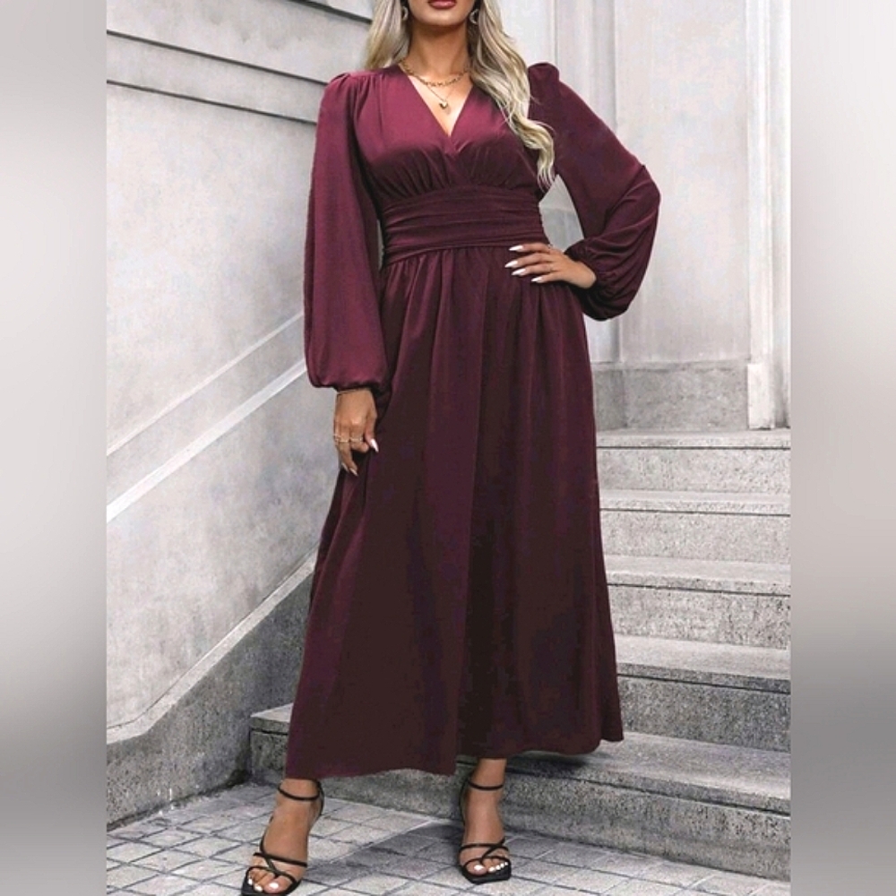 NEW Chic Ruched Waist Lantern Sleeve Maxi Dress PLUS Burgundy Wine Red Purple - Picture 5 of 10